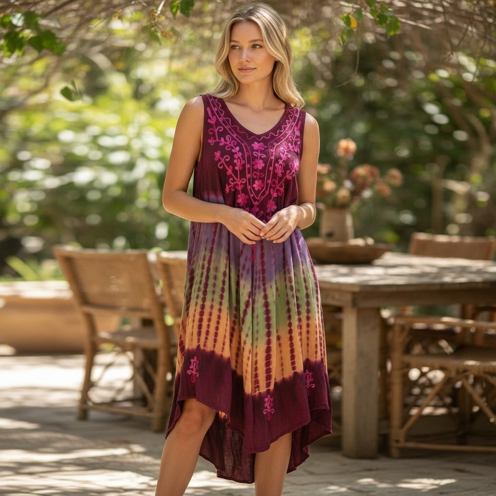 Sunflower Tie Dye Embroidered Sharkbite Tunic Dress Boho Festival Free Size